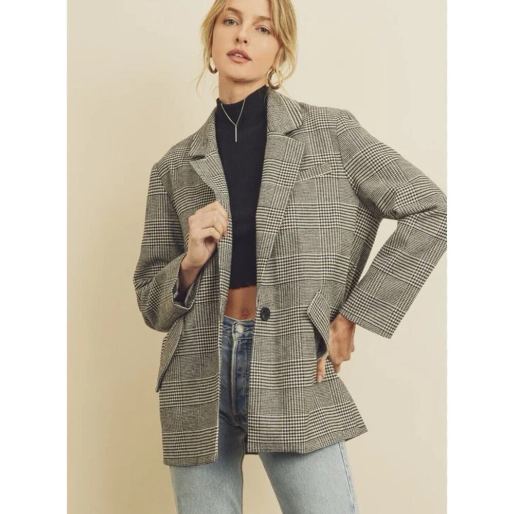 Vagabond Women Black/White Herringbone Oversized Boyfriend Cotton Blend Blazer M - Picture 1 of 10